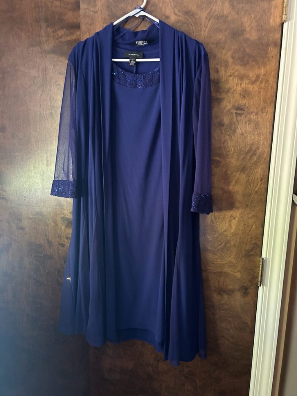 R&M Richards Navy Dress with Sequin Sheer Topper, Size 12